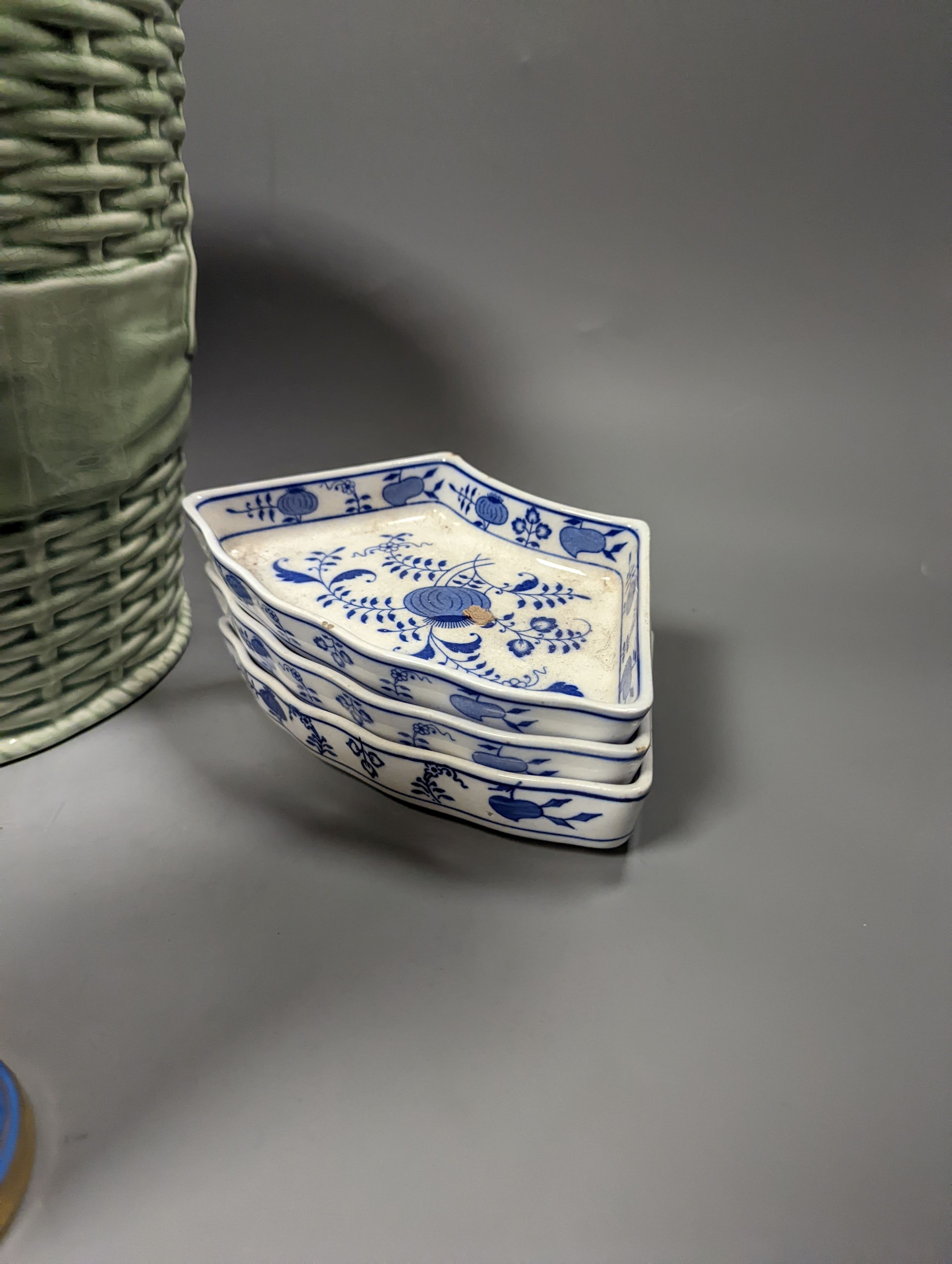 A collection of mixed porcelain including A pair of Bloor Derby scent bottles and stoppers, a Samson style bowl, 31cm, a Wedgwood teapot, Noritake vases etc